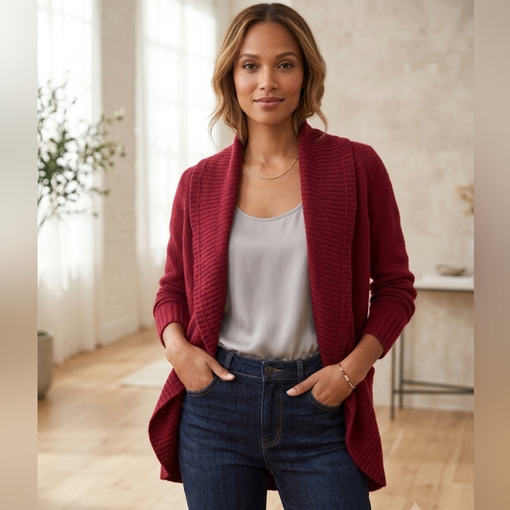 WHBM 100% Cashmere Shawl-Collar Carmine Color Open Front Cardigan, S